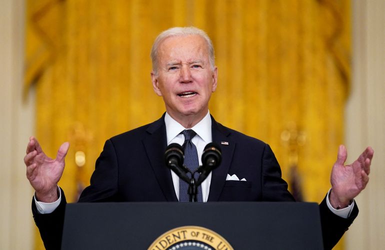 U.S. President Joe Biden speaks about the situation in Russia and Ukraine from the White House in Washington, U.S., February 15, 2022. REUTERS/Kevin Lamarque
