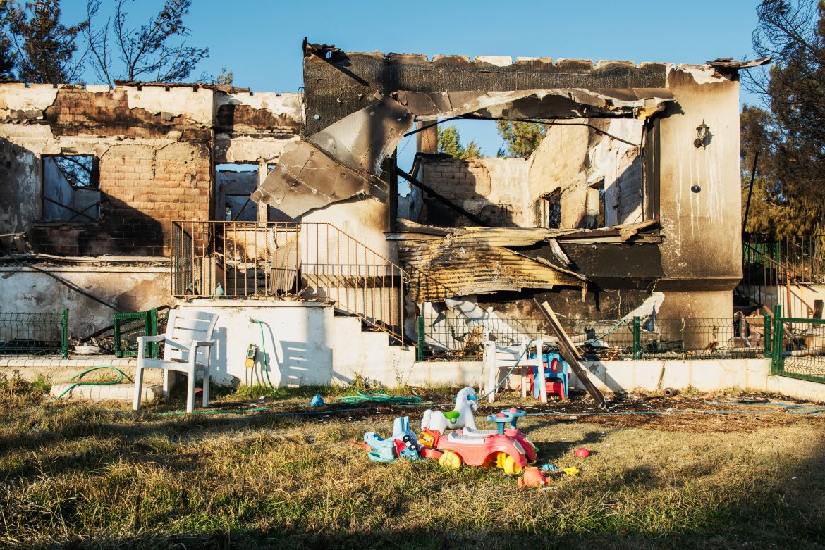 A burned house stands among debris following a wildfire in the Seferihisar district of Izmir, Turkey, on June 30, 2025