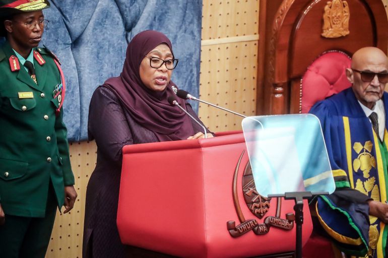 Tanzania's President Samia Suluhu Hassan addresses lawmakers at the Tanzanian Parliament during the official inauguration of the 13th Parliament in Dodoma on November 14, 2025.