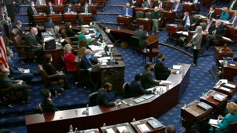 WASHINGTON, DC - FEBRUARY 13: In this screenshot taken from a congress.gov webcast, the Senate votes on whether to convict on the fifth day of former President Donald Trump's second impeachment trial at the U.S. Capitol on February 13, 2021 in Washington, DC. House impeachment managers had argued that Trump was “singularly responsible” for the January 6th attack at the U.S. Capitol and he should be convicted and barred from ever holding public office again. congress.gov via Getty Images/AFP (Photo by Handout / GETTY IMAGES NORTH AMERICA / Getty Images via AFP)