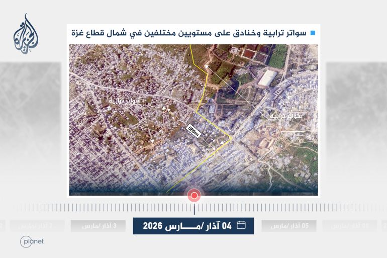[صورة ١٢: سواتر ترابية وخنادق على مستويين مختلفين في شمال قطاع غزة، 4 آذار/مارس 2026. (بلانت-Planet)]
