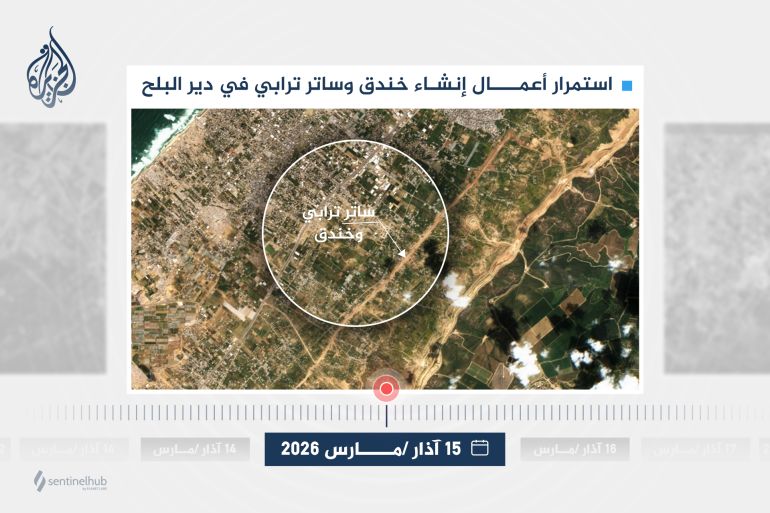 [صورة ١٣: استمرار أعمال إنشاء خندق وساتر ترابي في دير البلح، 15 آذار/مارس 2026. (سنتينال-sentinel)]