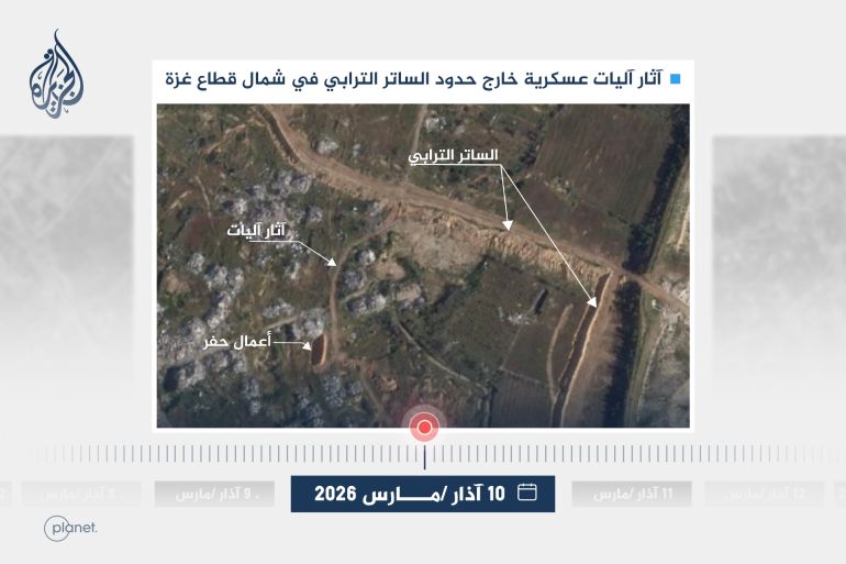 [صورة١٤: آثار آليات عسكرية خارج حدود الساتر الترابي في شمال قطاع غزة، 10 آذار/مارس 2026. (بلانت)]