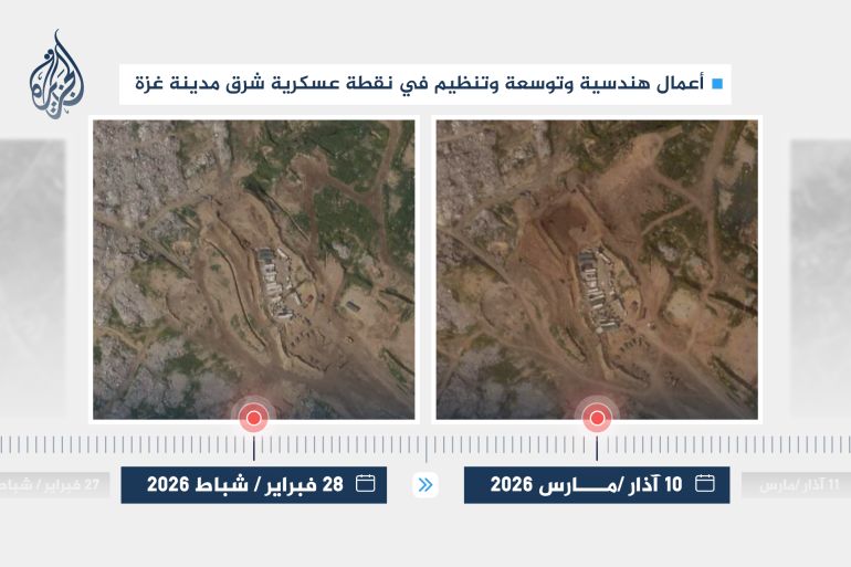 صورة ٧ و٨: أعمال هندسية وتوسعة وتنظيم في نقطة عسكرية شرق مدينة غزة، 1028 شباط/فبراير 2026 و آذار/مارس 2026. (بلانت-Planet). 