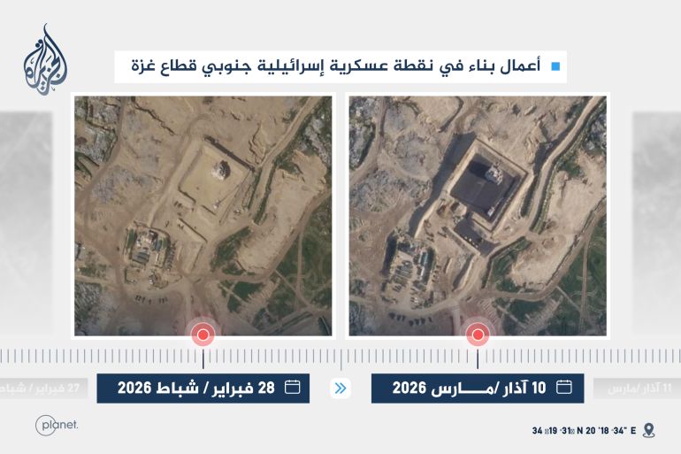 [صورة ٩ و ١٠: أعمال بناء في نقطة عسكرية إسرائيلية جنوبي قطاع غزة، 28 فبراير/شباط 2026 و10 آذار/مارس 2026. (بلانت-Planet)]