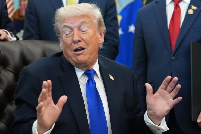 President Donald Trump speaks to reporters in the Oval Office of the White House, Thursday, April 30, 2026, in Washington. (AP Photo/Alex Brandon)